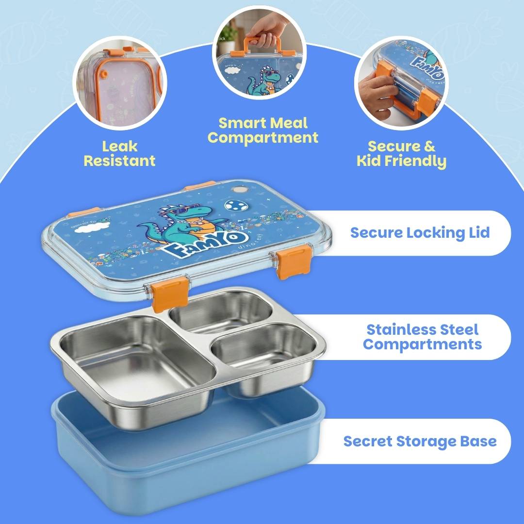 Famyo Bento Lunch box for kids - tffin box for school kids - leakproof, stainless steel, secret storage