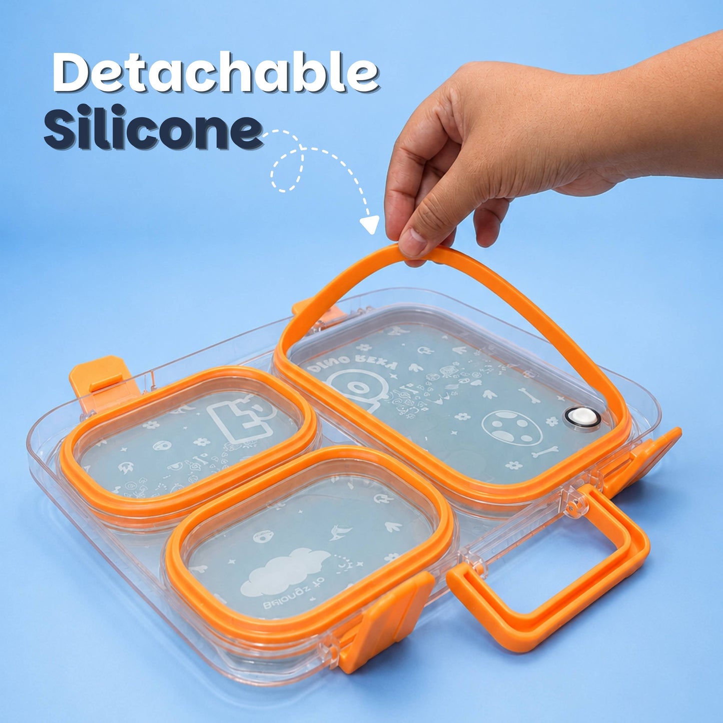 Rexy the Dino bento lunch box for kids featuring 3 stainless steel compartments, leakproof design, BPA-free outer body, child-friendly locking clips, organised meal storage, and perfect for school lunches, travel, daycare, and everyday use.