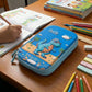 Famyo Blue pencil case with dinosaur design for kids school stationery organisation