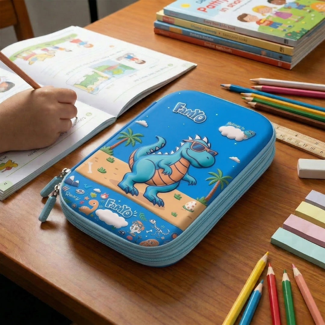 Famyo Blue pencil case with dinosaur design for kids school stationery organisation