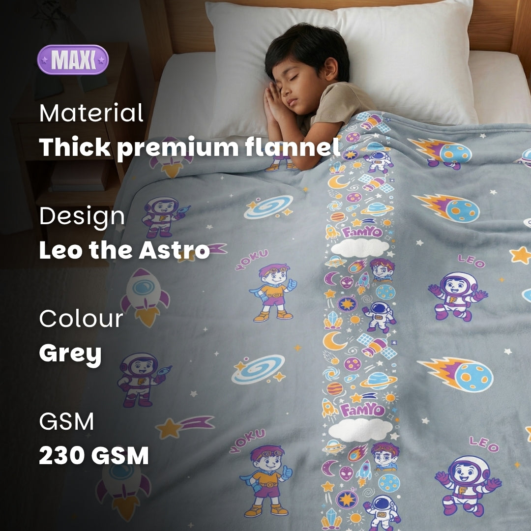 Famyo Leo Astronaut Glow in the dark blanket - all season blanket for kids - thick flannel - premium - grey - 230 gsm