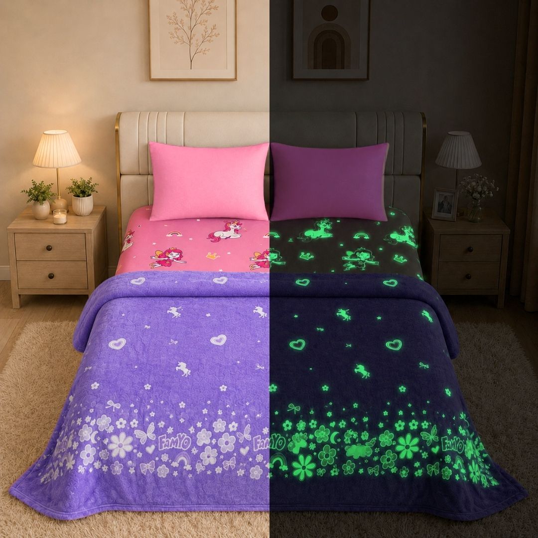 Lavender Unicorn Glow Blanket & June the Unicorn Glow Bedsheet Set for Kids | 4 PC Glow in the Dark Bedding Set | Queen Size Blanket & King Size Bedsheet
