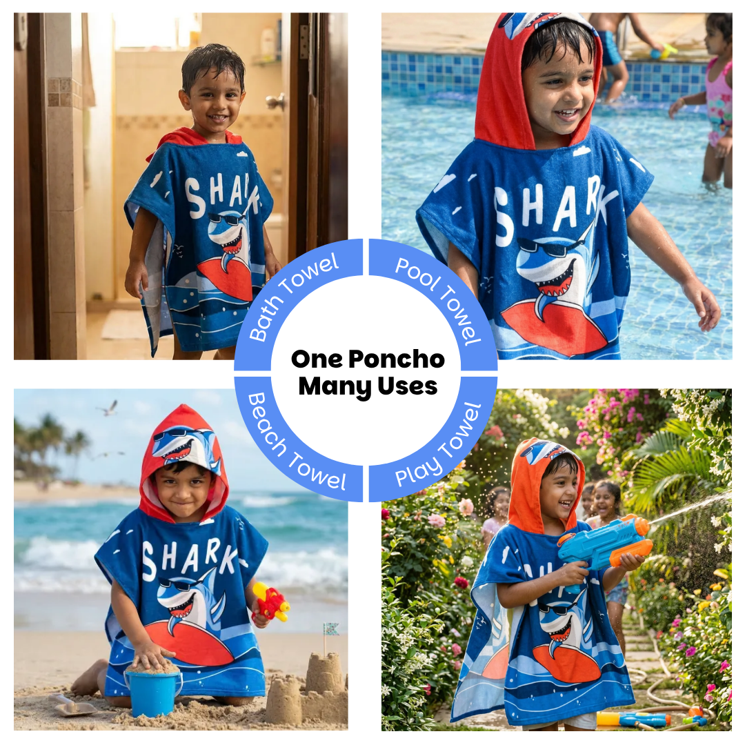 Dark Blue Shark Dive Poncho Bath Towel for Kids, 1-7 years | Quick-Drying Microfiber Kids Towel