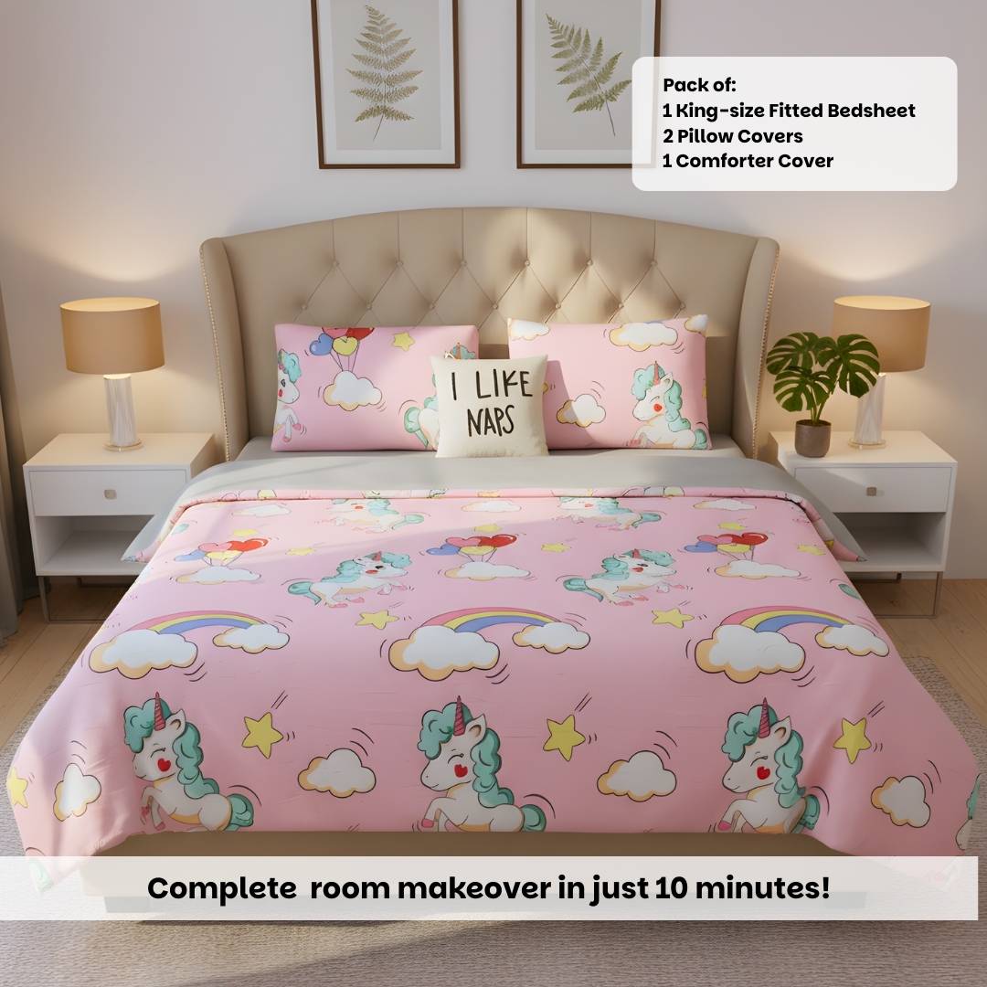 Pink Unicorn & Rainbow 250TC King Bed Sheet Set (Set of 4 or Set of 5)