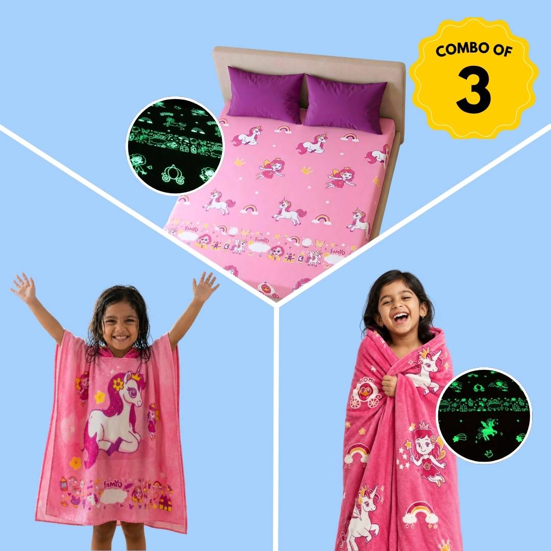 June the Unicorn Comfort Set for Kids | Glow Bedsheet, Glow Blanket & Hooded Poncho Towel Combo