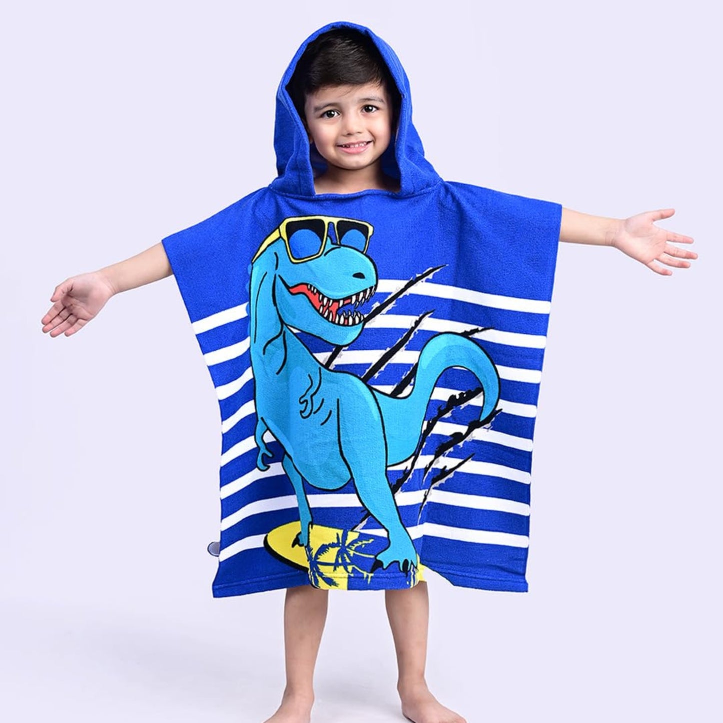 Cool Blue Dino Poncho Bath Towel for Kids, 1-7 years | Quick-Drying Microfiber Kids Towel