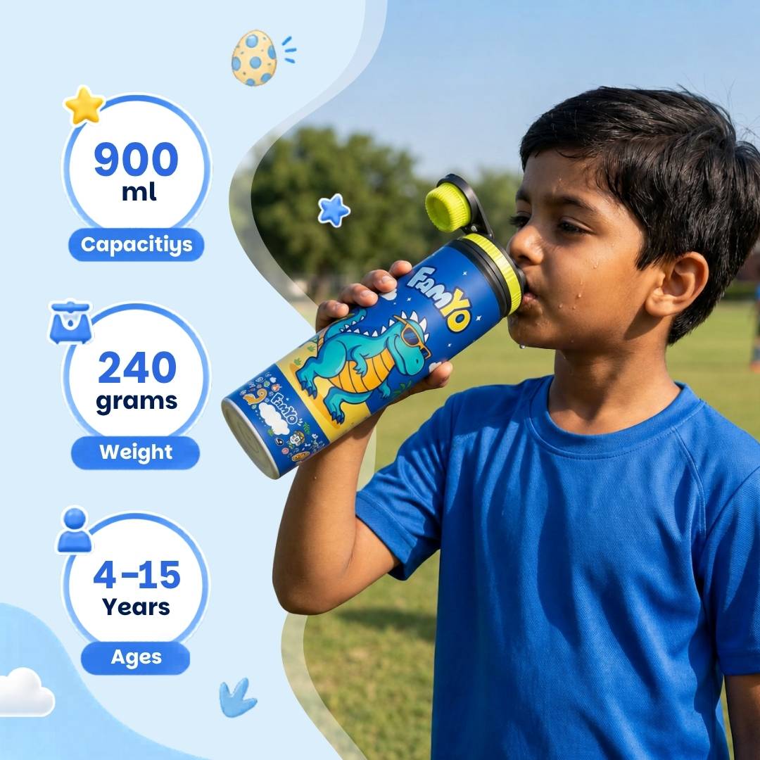 Famyo Rexy the Dinosaur water bottle for kids - 900 ml - school essential - 240 gms - 4-15 years of kids