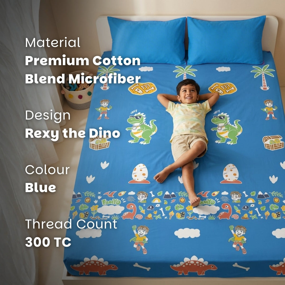 Rexy the Dino Glow Bedsheet for Kids | King Size Glow in the Dark Bedsheet Set | 300 TC Cotton-Blend | Famyo Glow Maxx