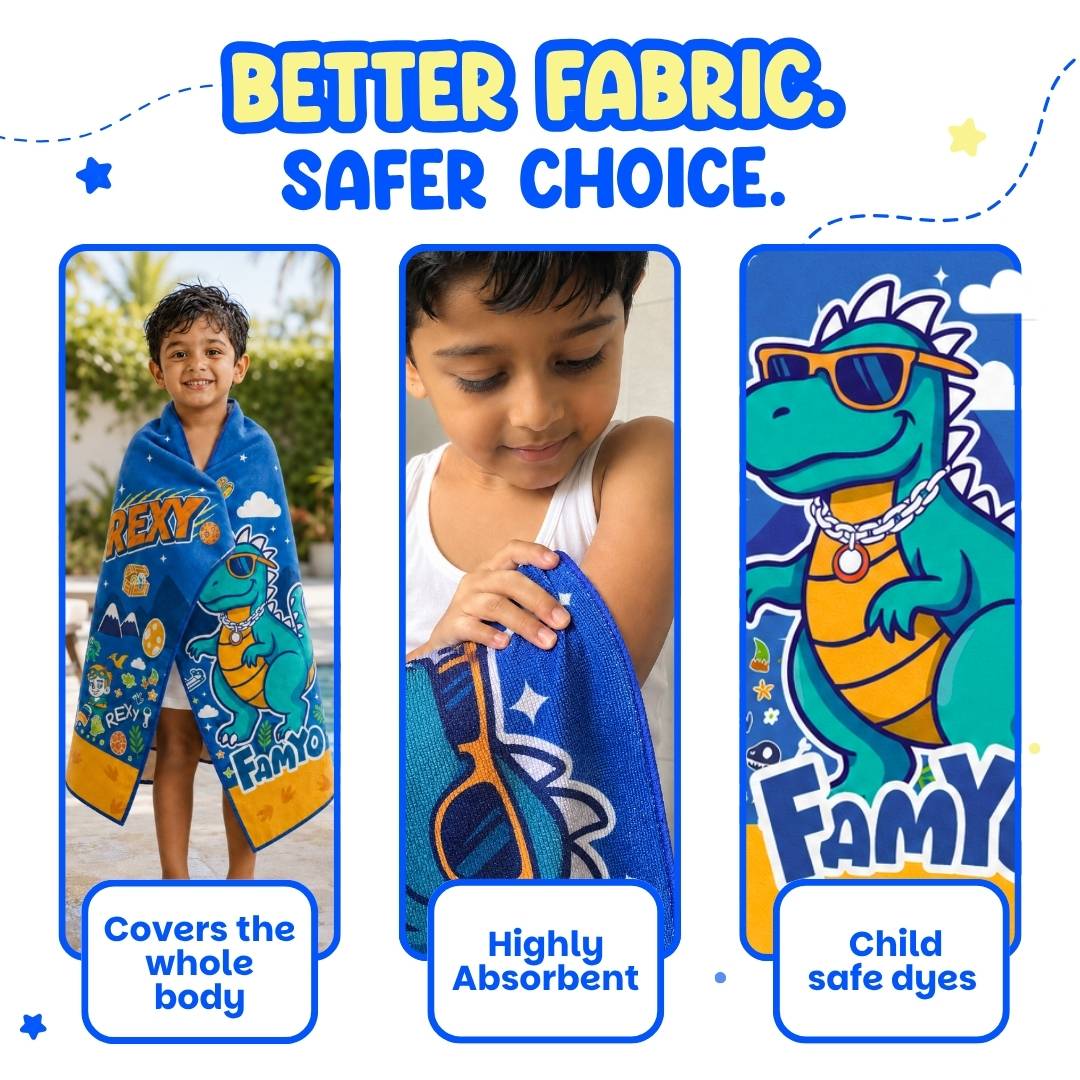 Famyo Rexy the Dinosaur Flat Towel for Kids made with premium microfiber fabric featuring quick dry technology, lightweight and travel friendly design, fade resistant print, soft and highly absorbent for bath, beach, swimming and everyday use.