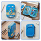 Famyo Blue pencil case with dinosaur design for kids school stationery organisation - 3 compartments