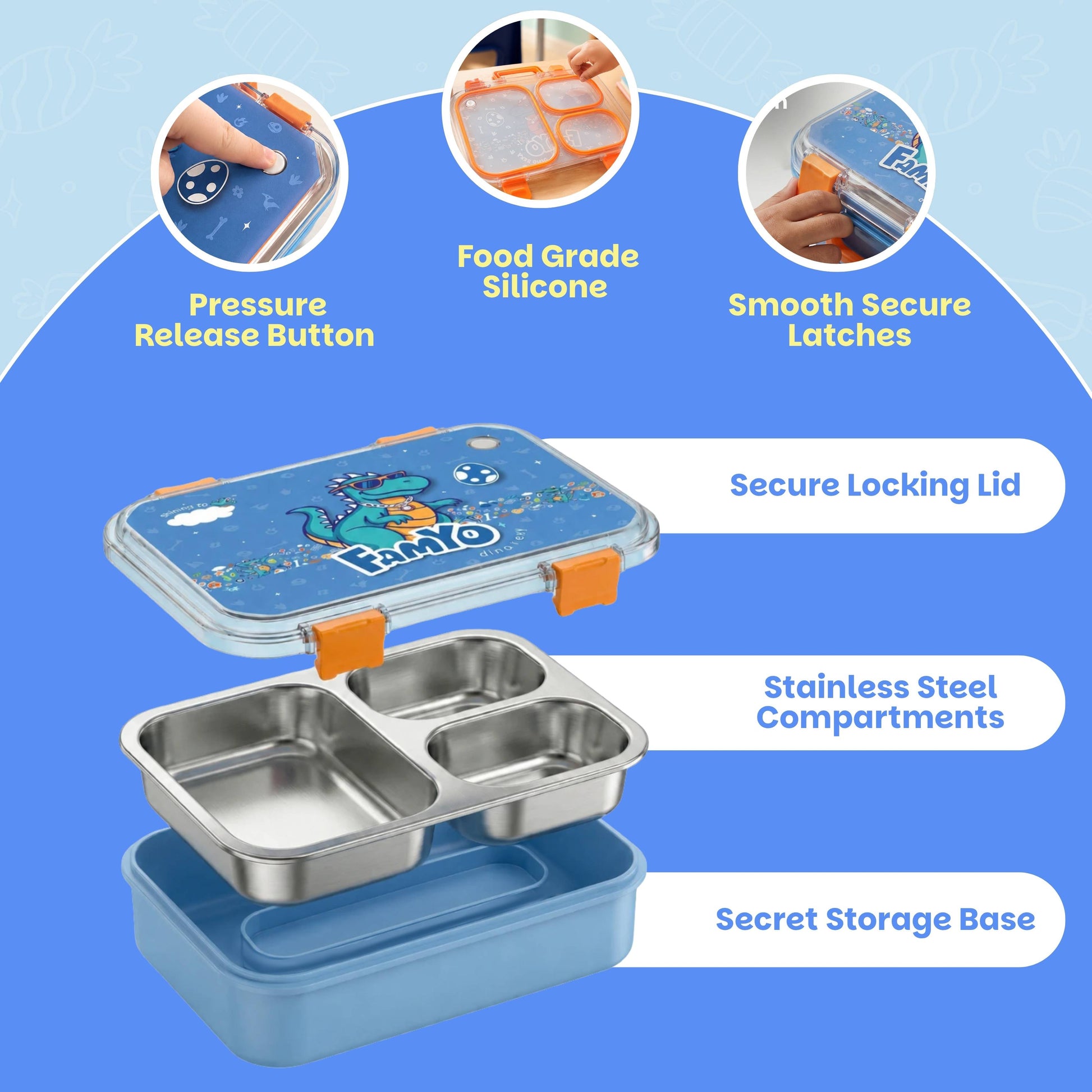 Rexy the Dino bento lunch box for kids featuring 3 stainless steel compartments, leakproof design, BPA-free outer body, child-friendly locking clips, organised meal storage, and perfect for school lunches, travel, daycare, and everyday use.