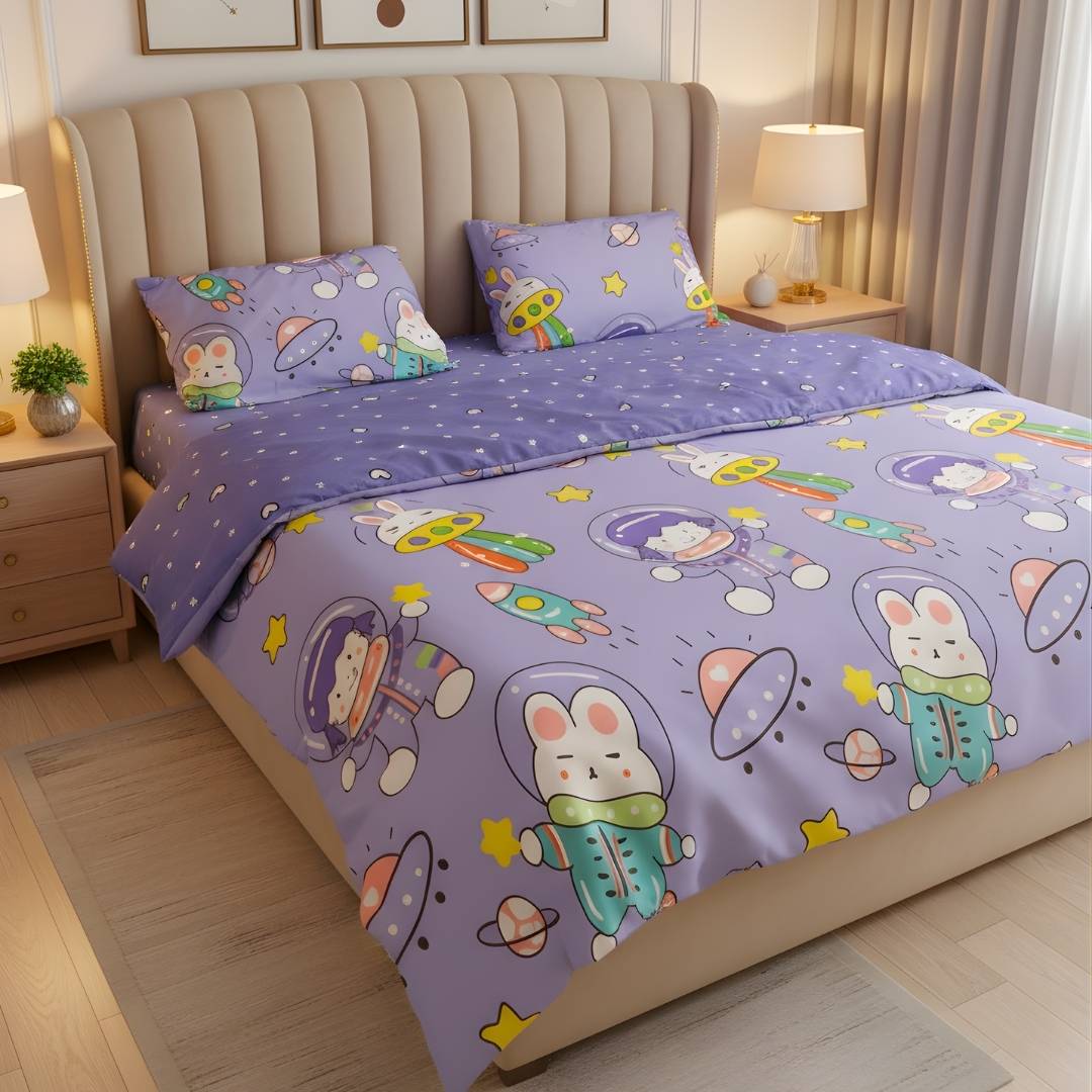 Purple Astronaut 250TC King Bed Sheet Set (Set of 4 or Set of 5)