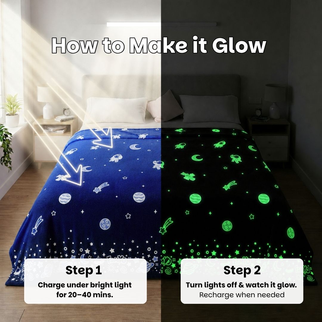 Lavender Unicorn & Dark Blue Astronaut Glow Quilt/Blanket/AC Comforter Set of 2 | Soft Flannel Queen Size Glow Blankets | All-Season Comfort