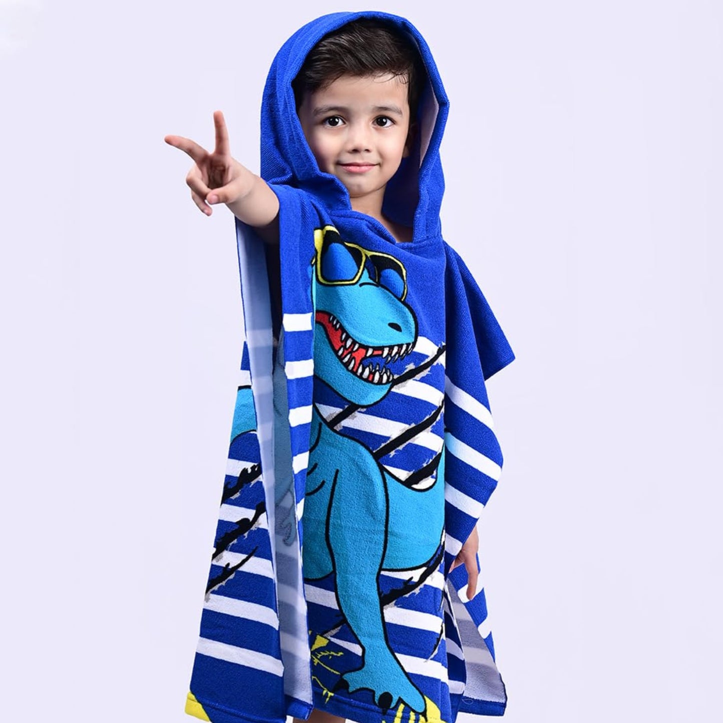 Cool Blue Dino Poncho Bath Towel for Kids, 1-7 years | Quick-Drying Microfiber Kids Towel