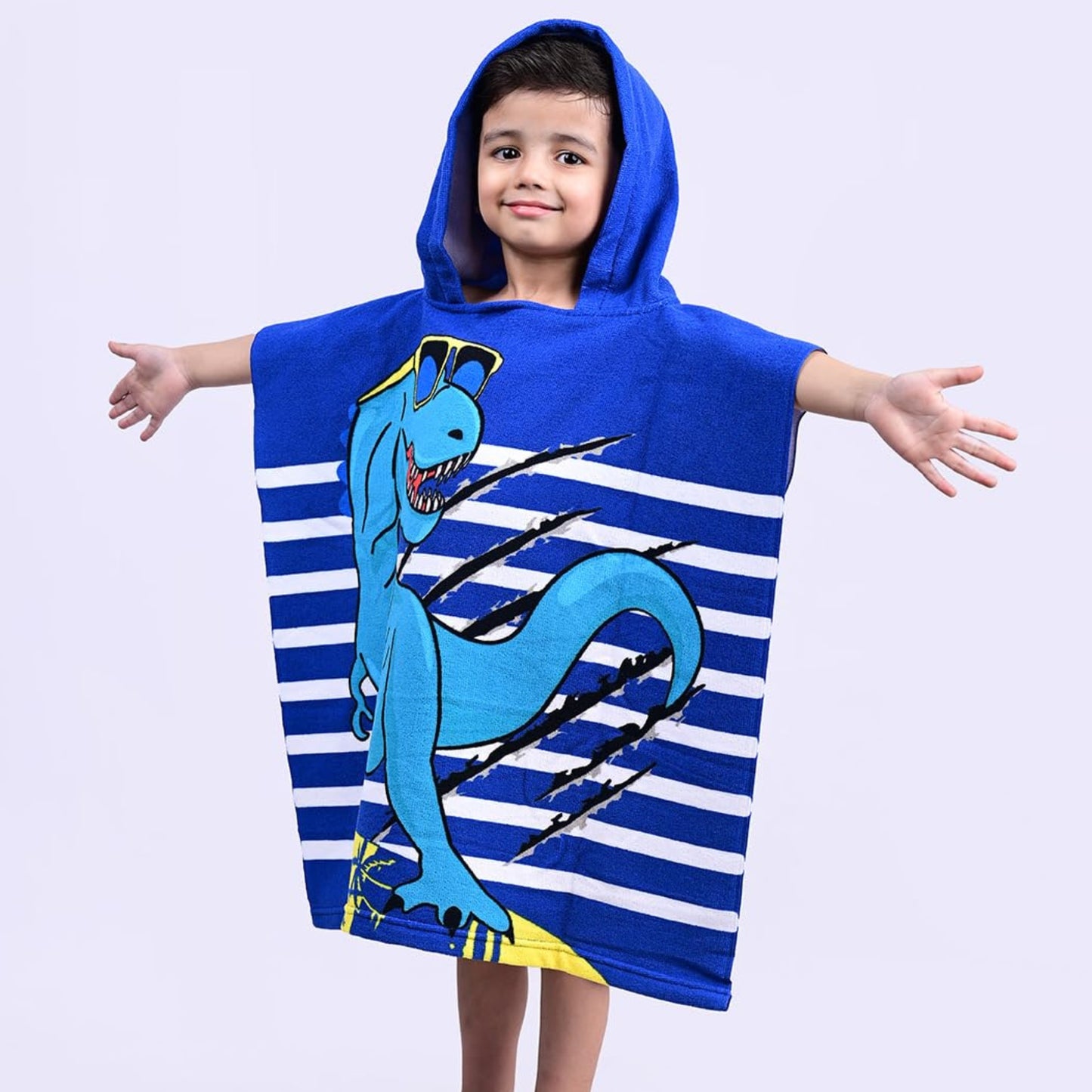 Cool Blue Dino Poncho Bath Towel for Kids, 1-7 years | Quick-Drying Microfiber Kids Towel