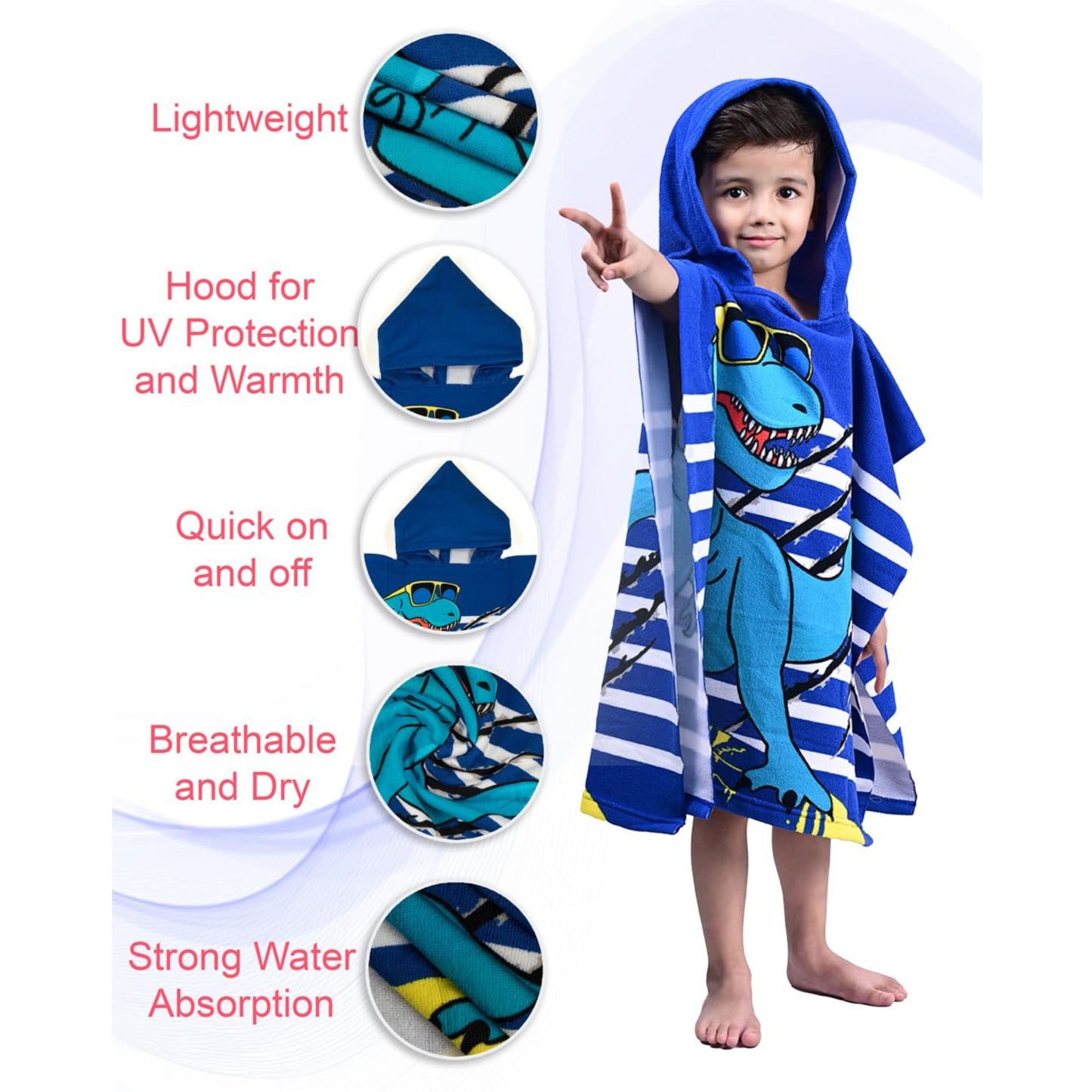 Cool Blue Dino Poncho Bath Towel for Kids, 1-7 years | Quick-Drying Microfiber Kids Towel