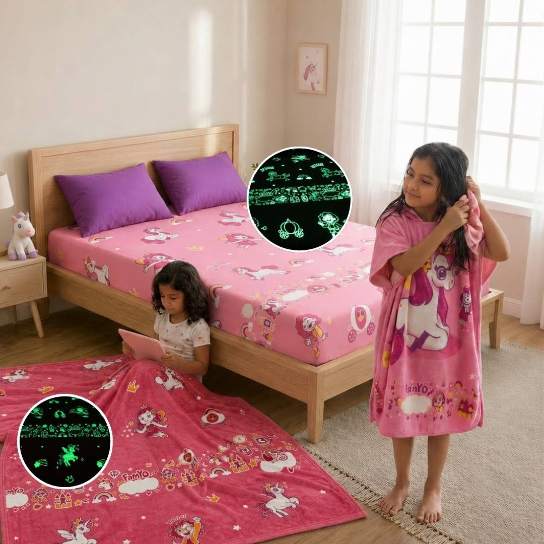 June the Unicorn Comfort Set for Kids | Glow Bedsheet, Glow Blanket & Hooded Poncho Towel Combo