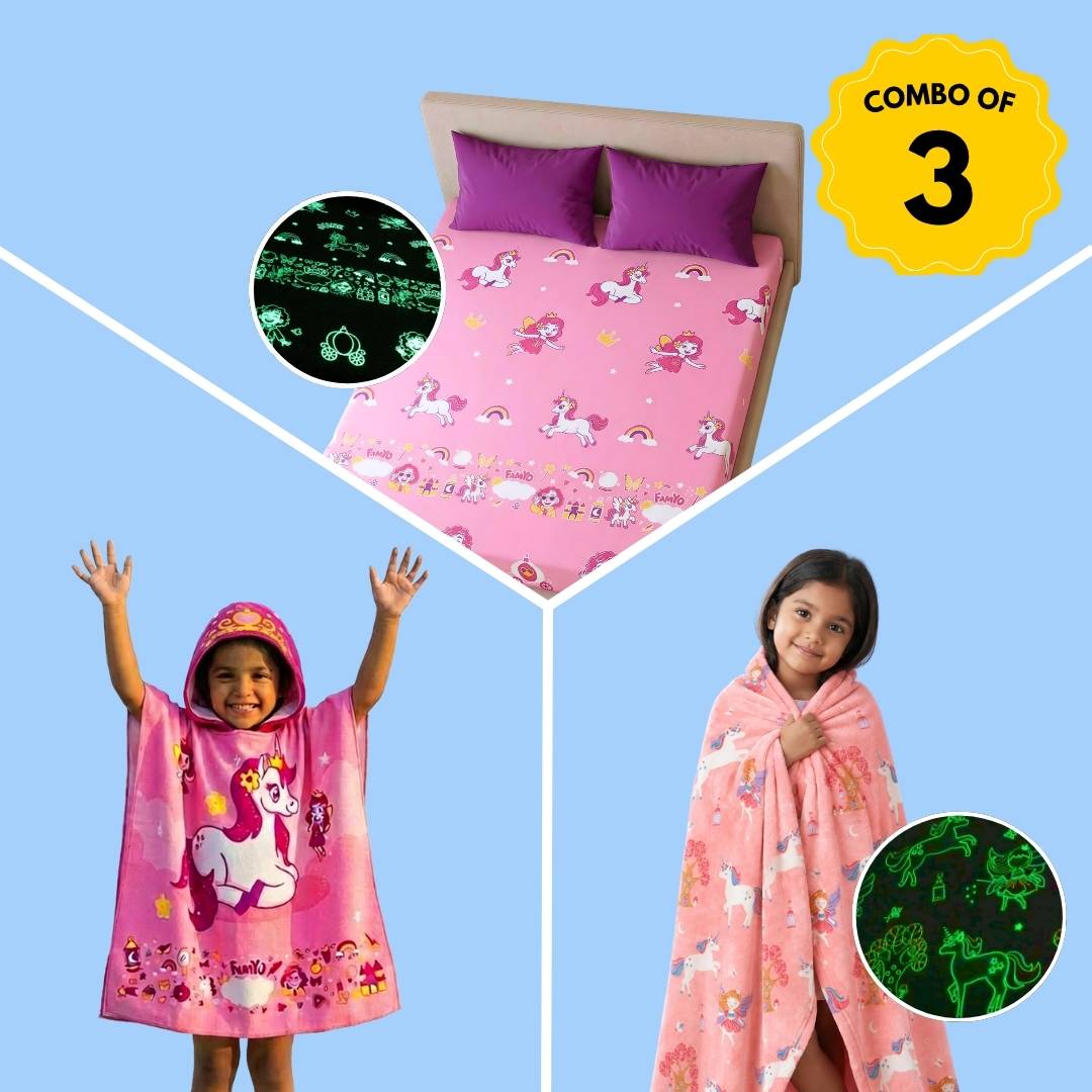 June & Fairy Unicorn Comfort Combo for Kids | Glow Bedsheet, Glow Blanket & Hooded Poncho Towel Set | Birthday Gift for Kids