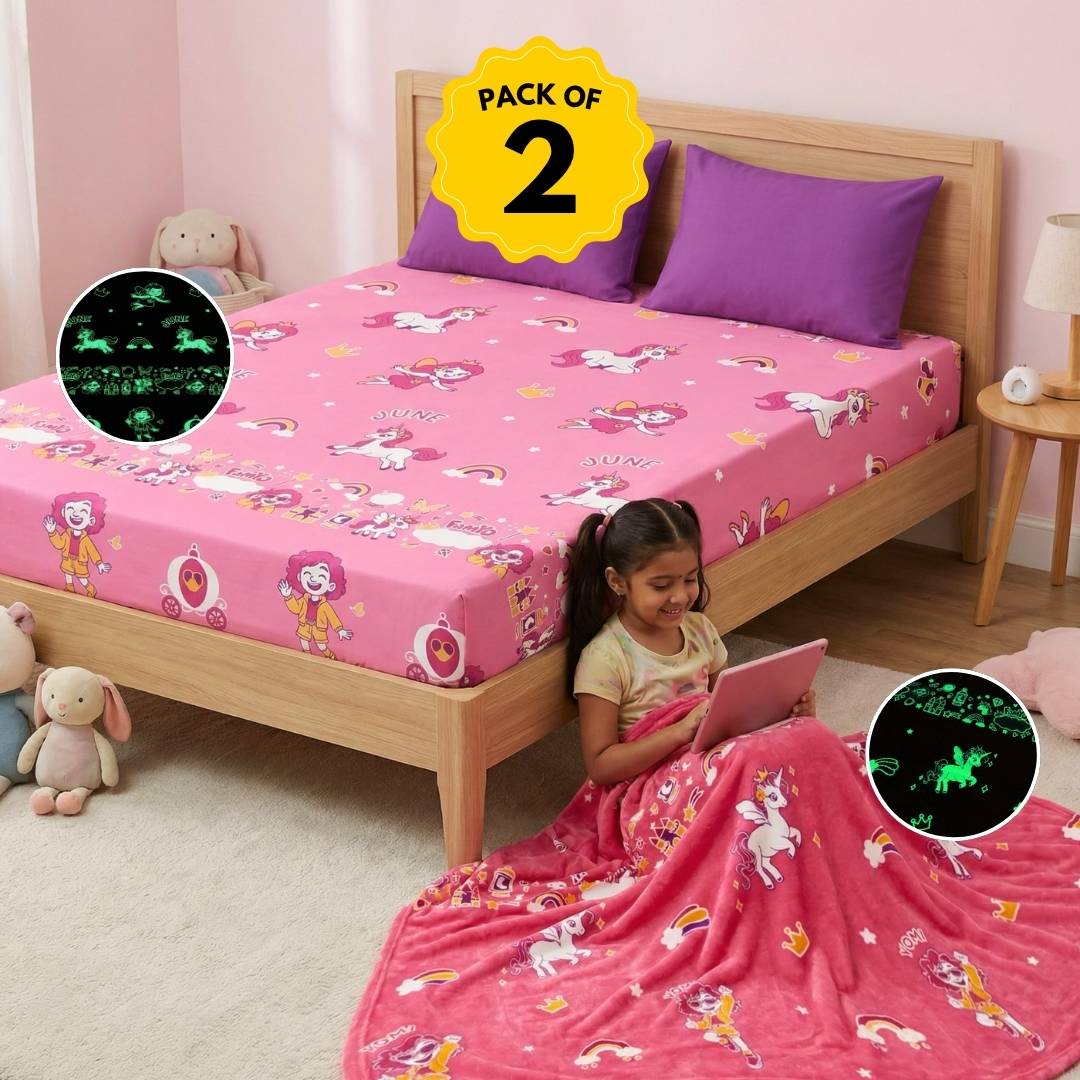 Famyo juen the unicorn - glow bedsheet set with glow in the dark blanket for kids