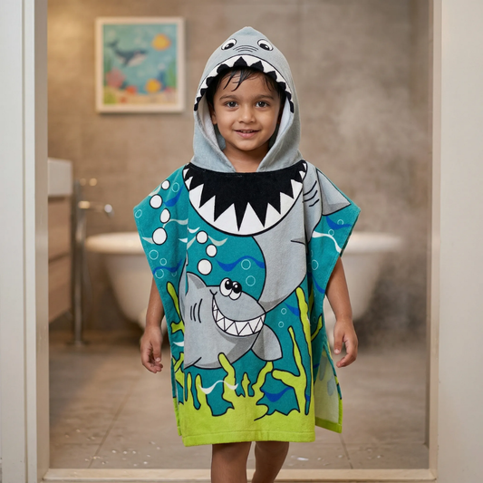 Cute Shark Hooded Poncho Towel for Kids | Quick-Dry, Highly Absorbent Microfiber Bath Towel