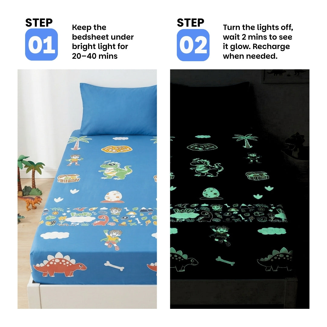 Rexy the Dino Glow Bedsheet for Kids | King Size Glow in the Dark Bedsheet Set | 300 TC Cotton-Blend | Famyo Glow Maxx