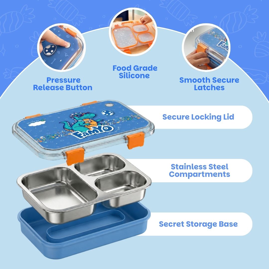 Rexy the Dino bento lunch box for kids featuring 3 stainless steel compartments, 680 ml leakproof design, BPA-free outer body, child-friendly locking clips, organised meal storage, and perfect for school lunches, travel, daycare, and everyday use.