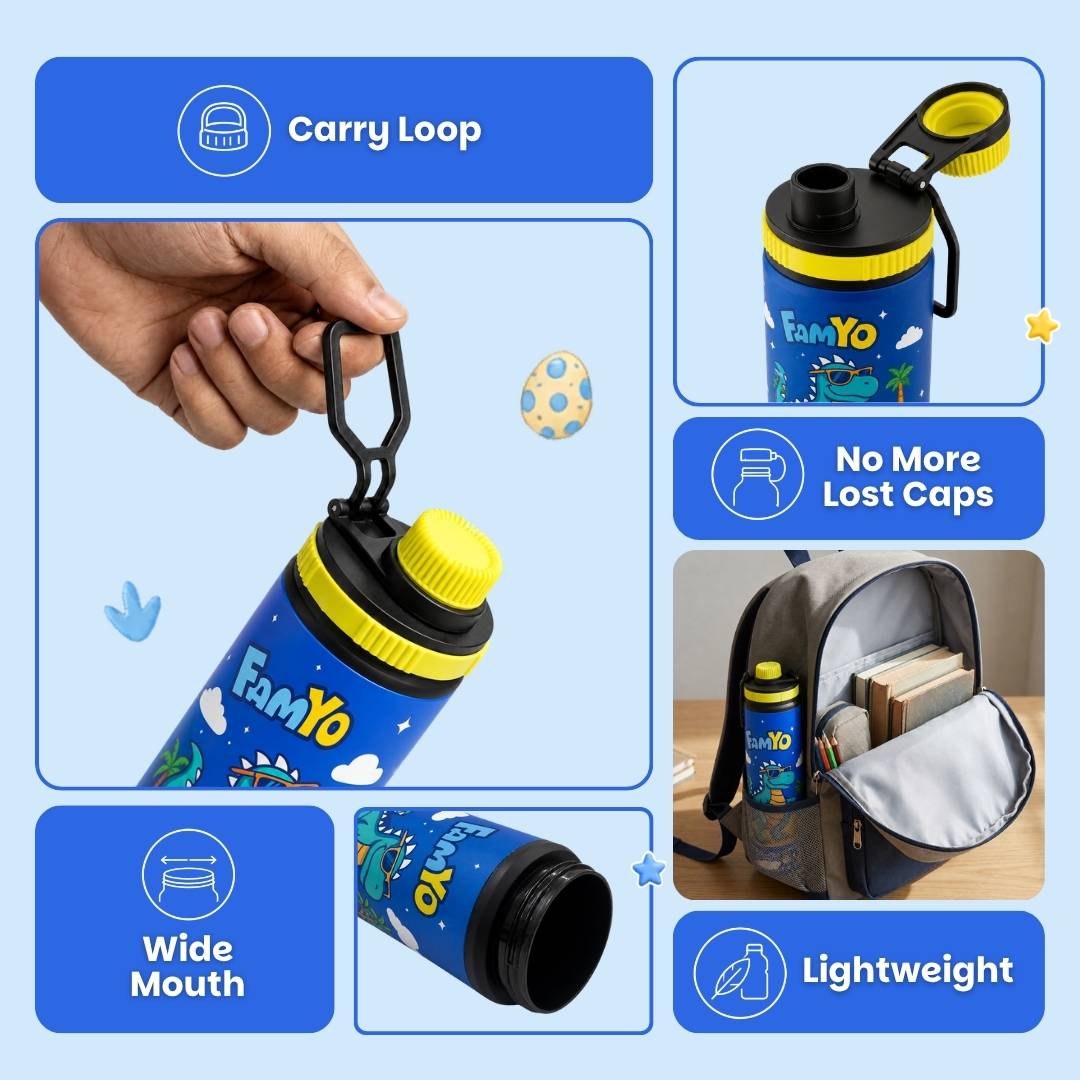 Famyo Rexy the Dinosaur water bottle for kids - 900 ml - school essential - carry loop - wide mouth - no more lost caps - lightweight