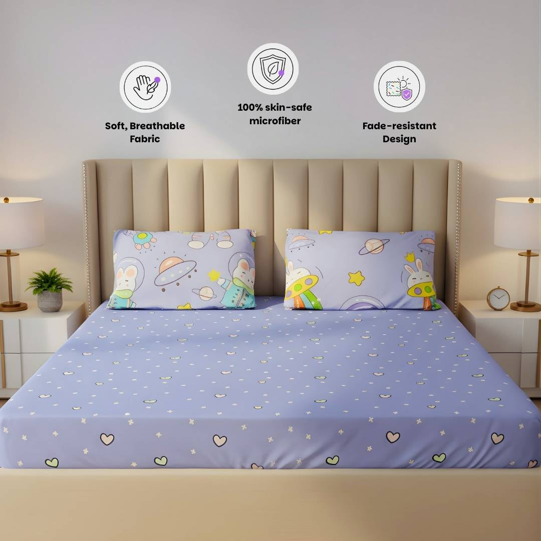 Purple Astronaut 250TC King Bed Sheet Set (Set of 4 or Set of 5)