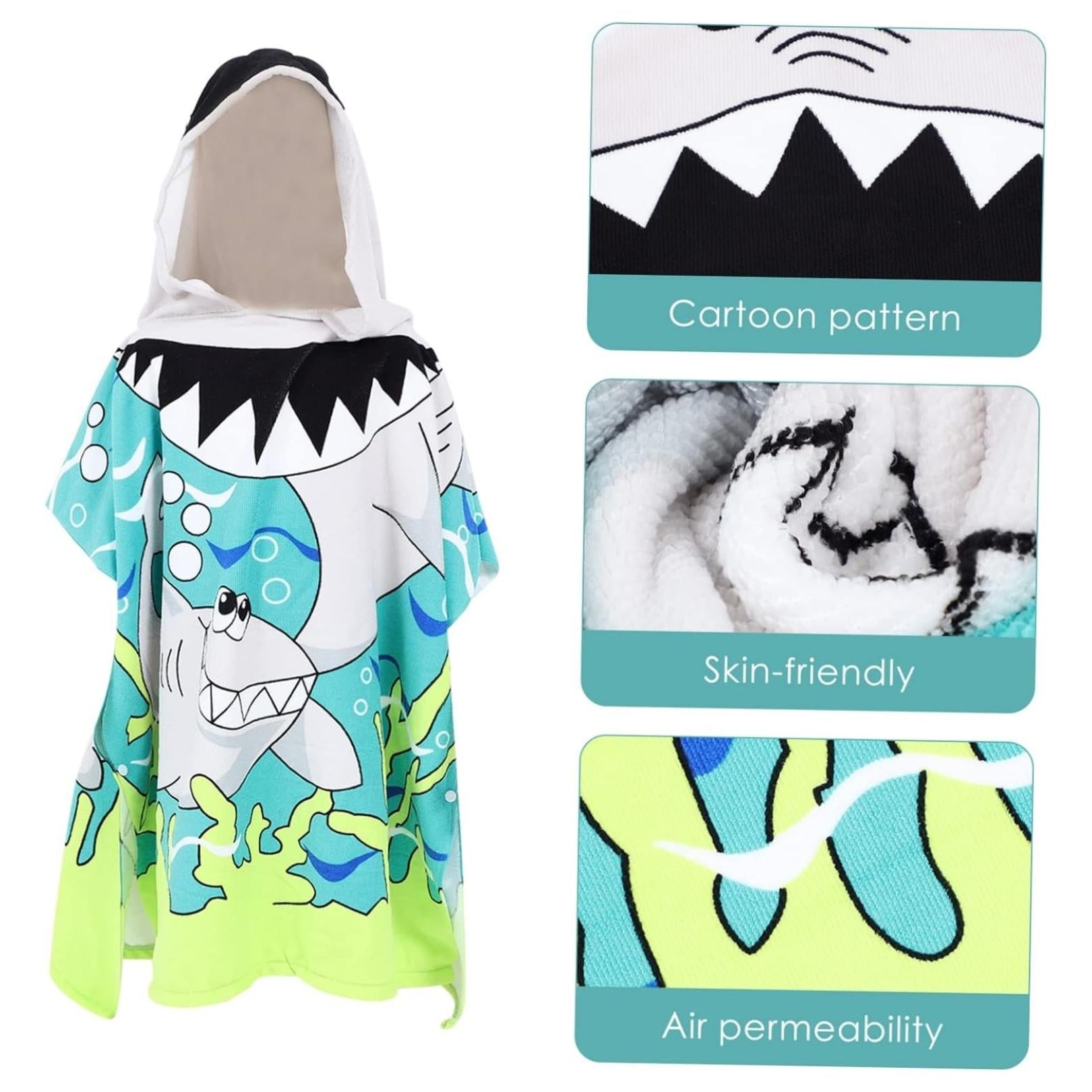 Cute Shark Poncho Towel for Kids | Hooded Beach Bath Towels for Boys & Girls | 60 x 60cm Toddler Pool Towel with Hood