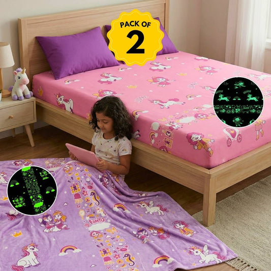 Famyo june the unicorn glow bedsheet and mira the mermaid glwo in the dark blanket for kids - set of 2 