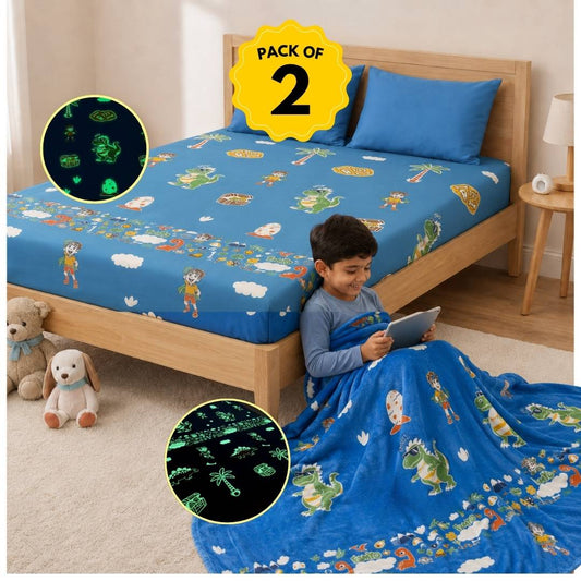 Famyo rexy the dino Glow in thwe dark blanket along with glow bedsheet set for kids 