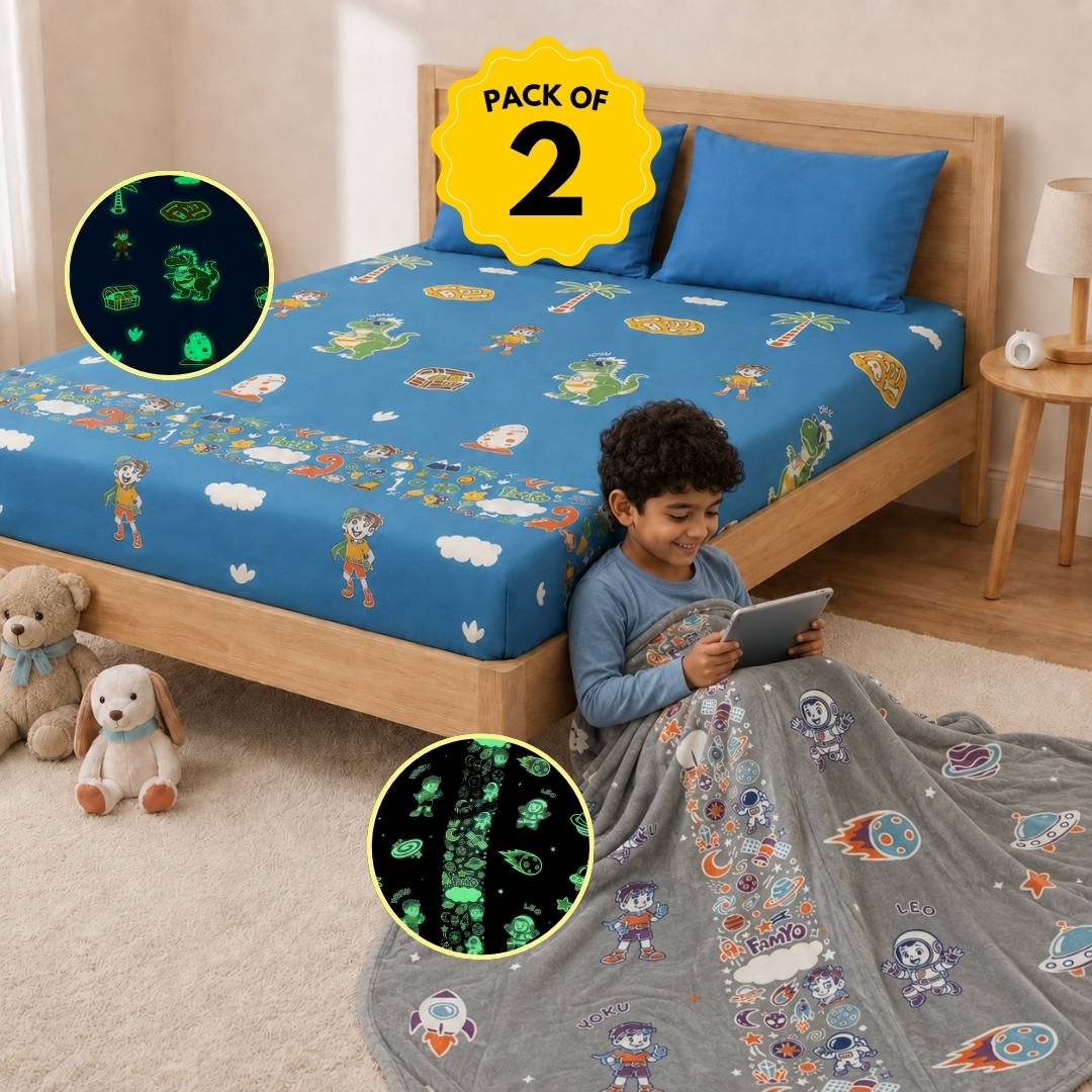 Famyo Leo the astro glow in the dark blanket with rexy the dino glow bedsheet for 