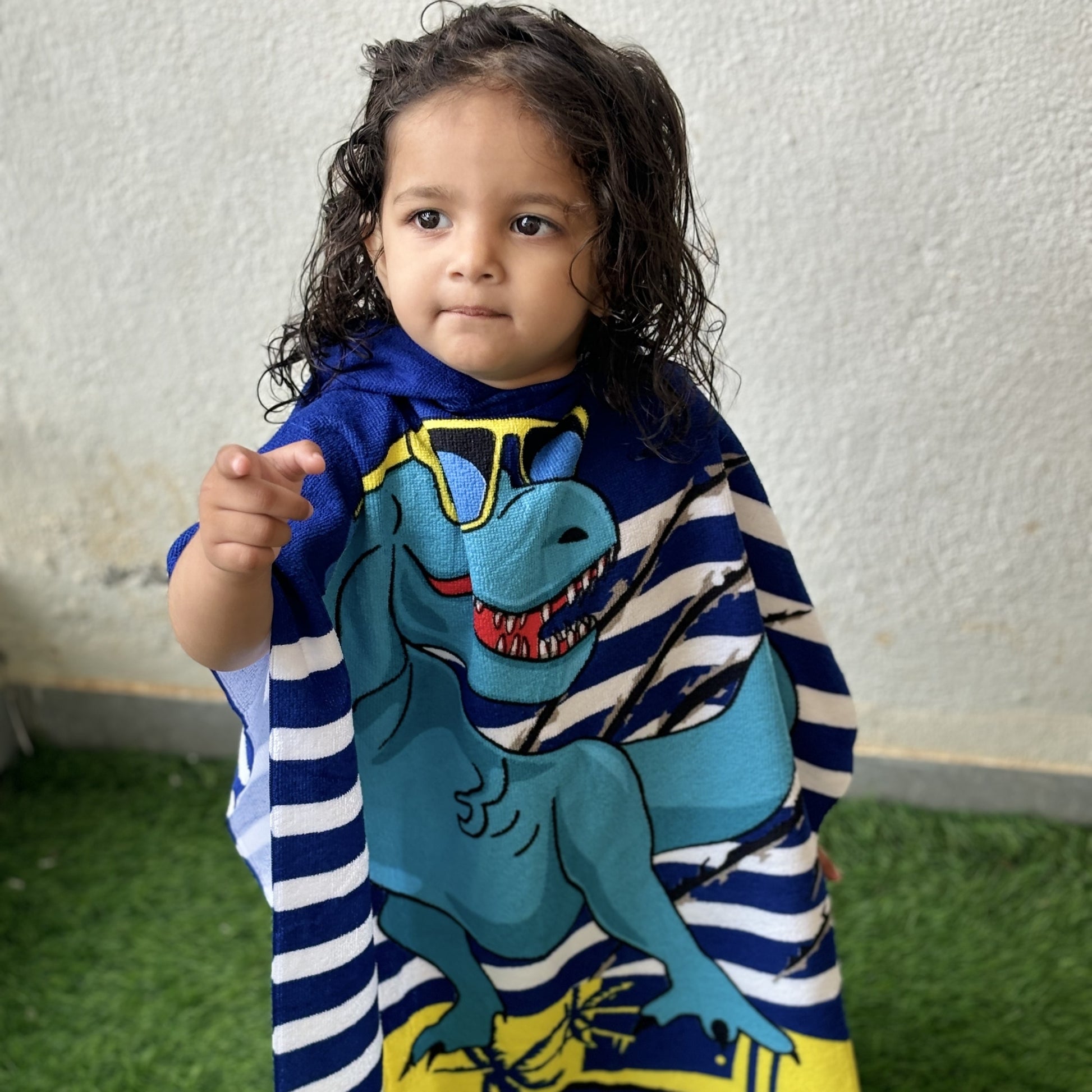 Cool Blue Dino Poncho Bath Towel for Kids, 1-7 years | Quick-Drying Microfiber Kids Towel