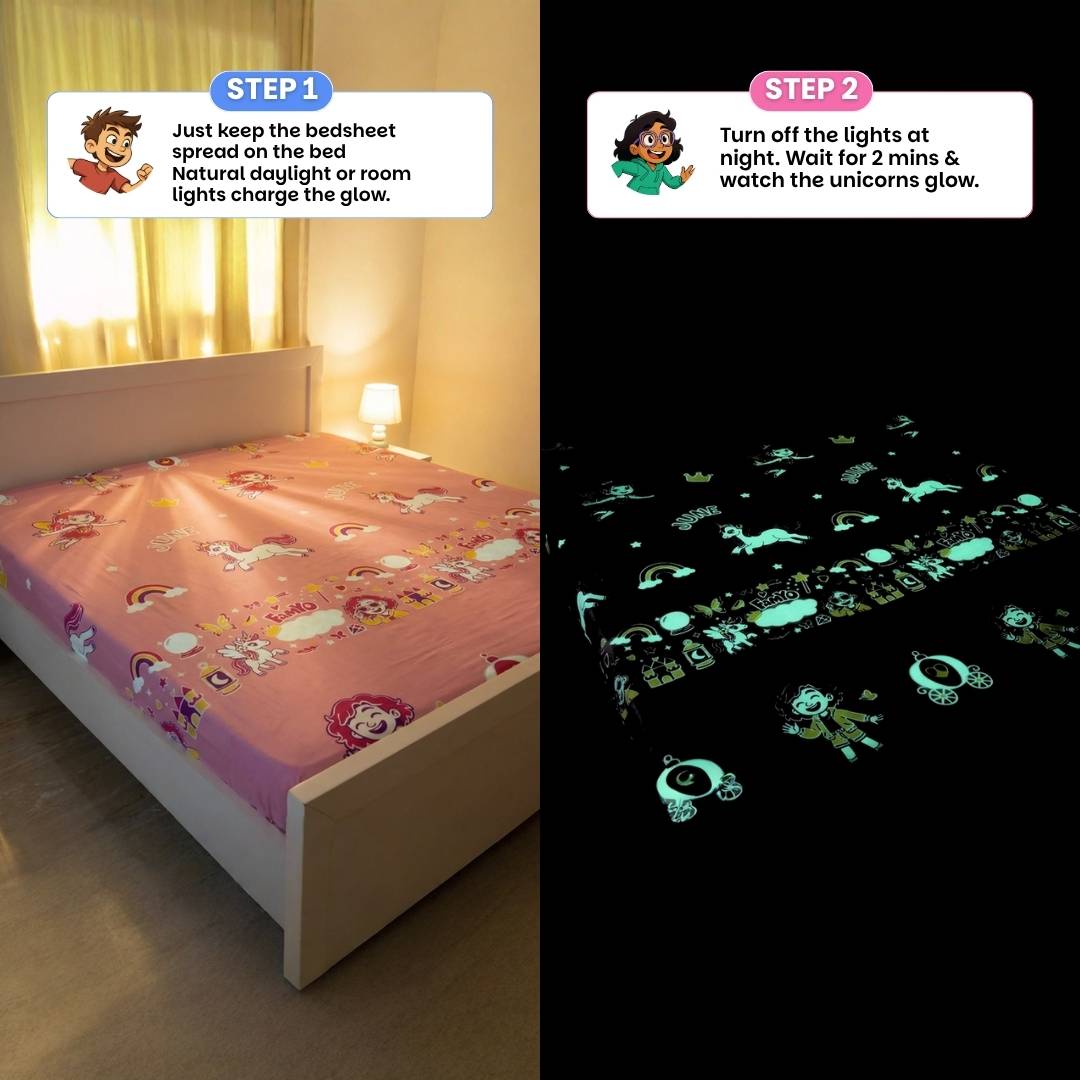 June & Fairy Unicorn Comfort Combo for Kids | Glow Bedsheet, Glow Blanket & Hooded Poncho Towel Set | Birthday Gift for Kids