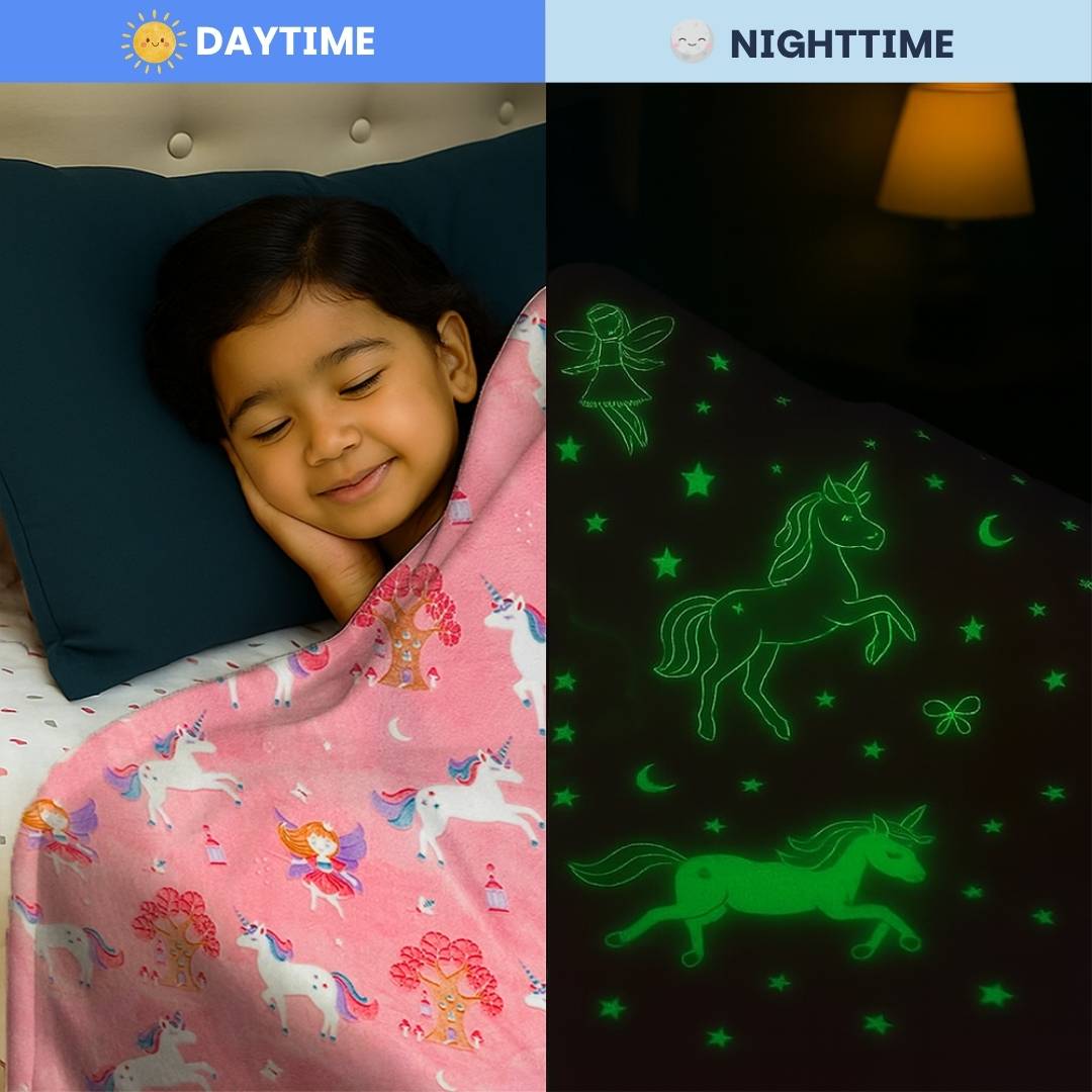 June & Fairy Unicorn Comfort Combo for Kids | Glow Bedsheet, Glow Blanket & Hooded Poncho Towel Set | Birthday Gift for Kids