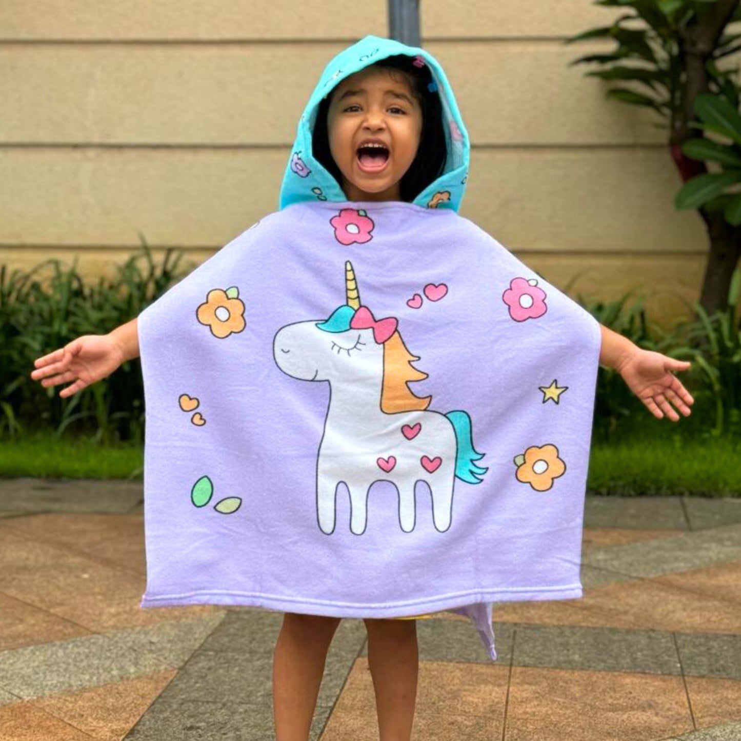 Purple Unicorn Poncho Bath Towel for Kids, 1-7 years | Quick-Drying Microfiber Kids Towel for Rainy Day Adventure