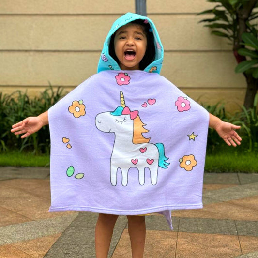 Purple Unicorn Poncho Bath Towel for Kids, 1-7 years | Quick-Drying Microfiber Kids Towel for Rainy Day Adventure