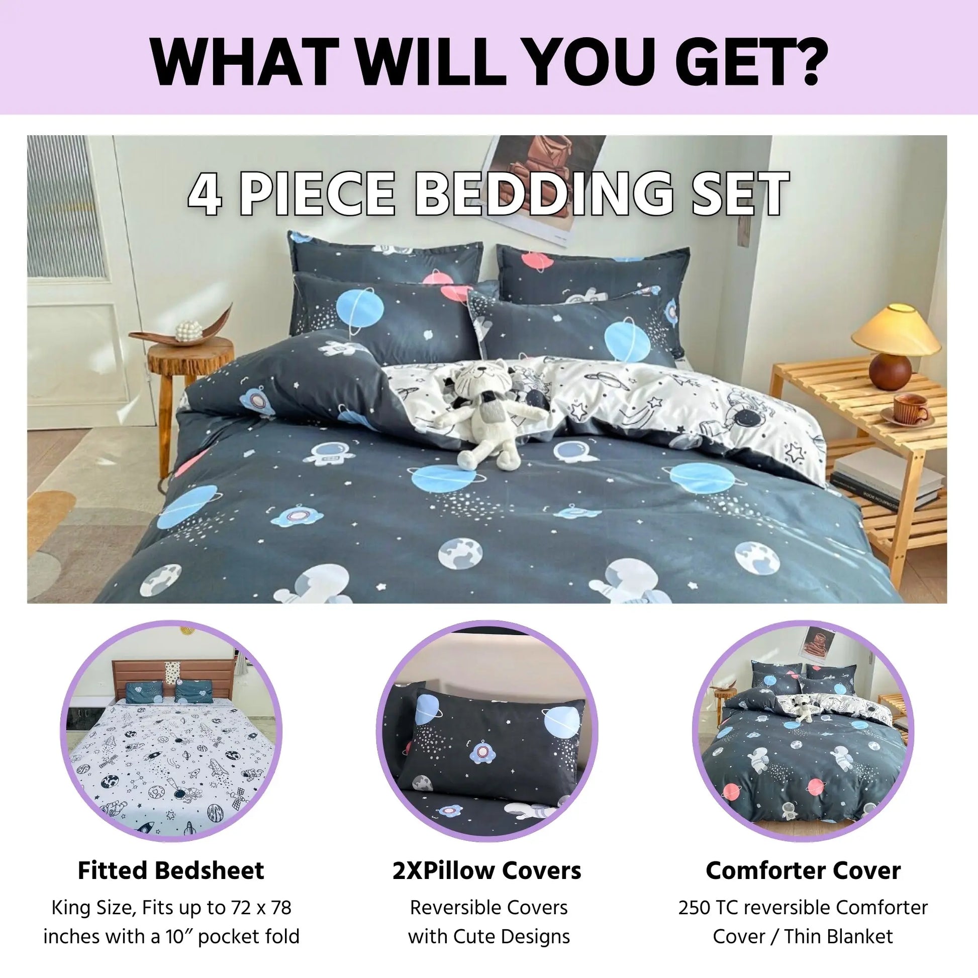 4 piece Bedding set has king size fitted bedsheet, 2X matching pillow covers and a 250 TC reversible comforter cover