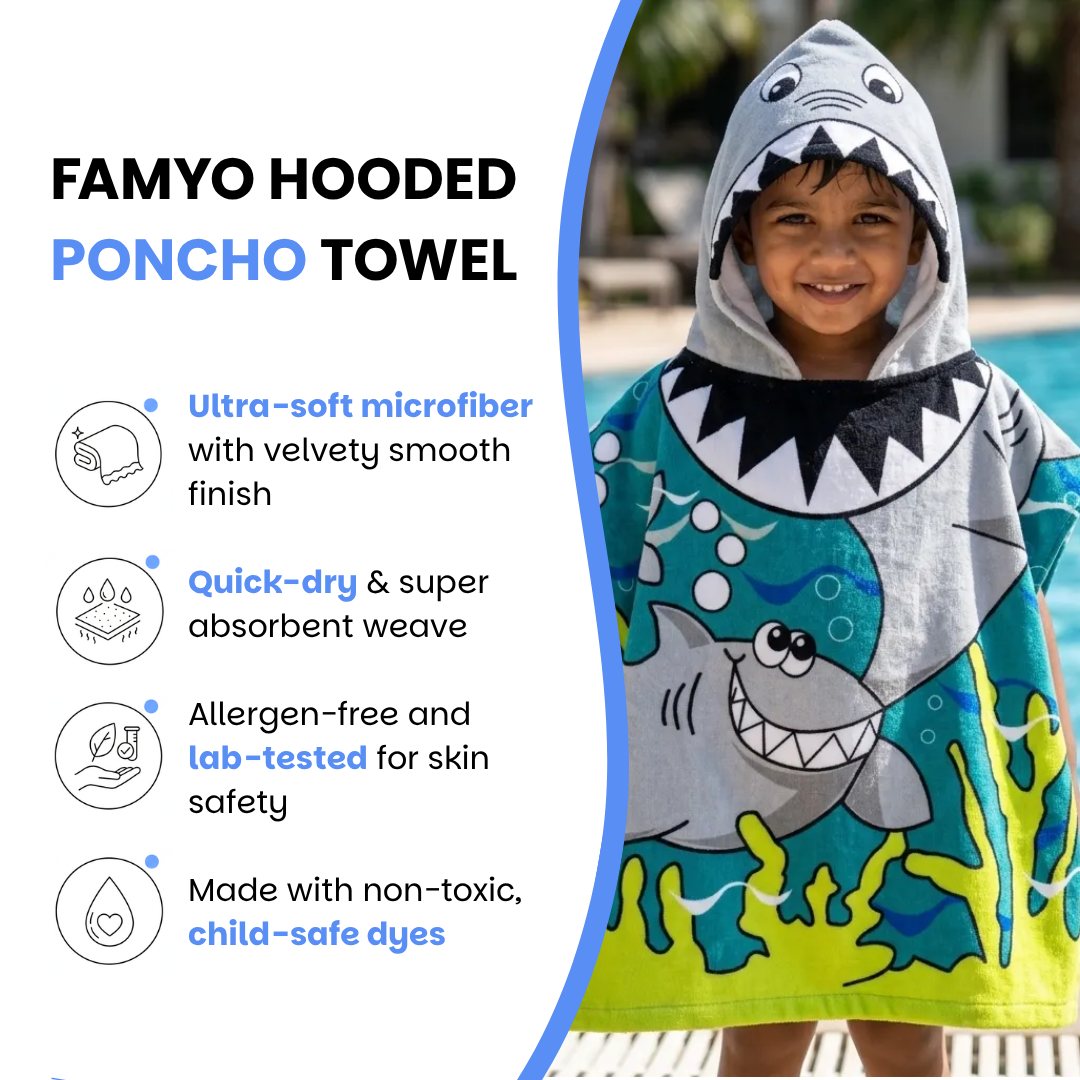 Cute Shark Hooded Poncho Towel for Kids | Quick-Dry, Highly Absorbent Microfiber Bath Towel