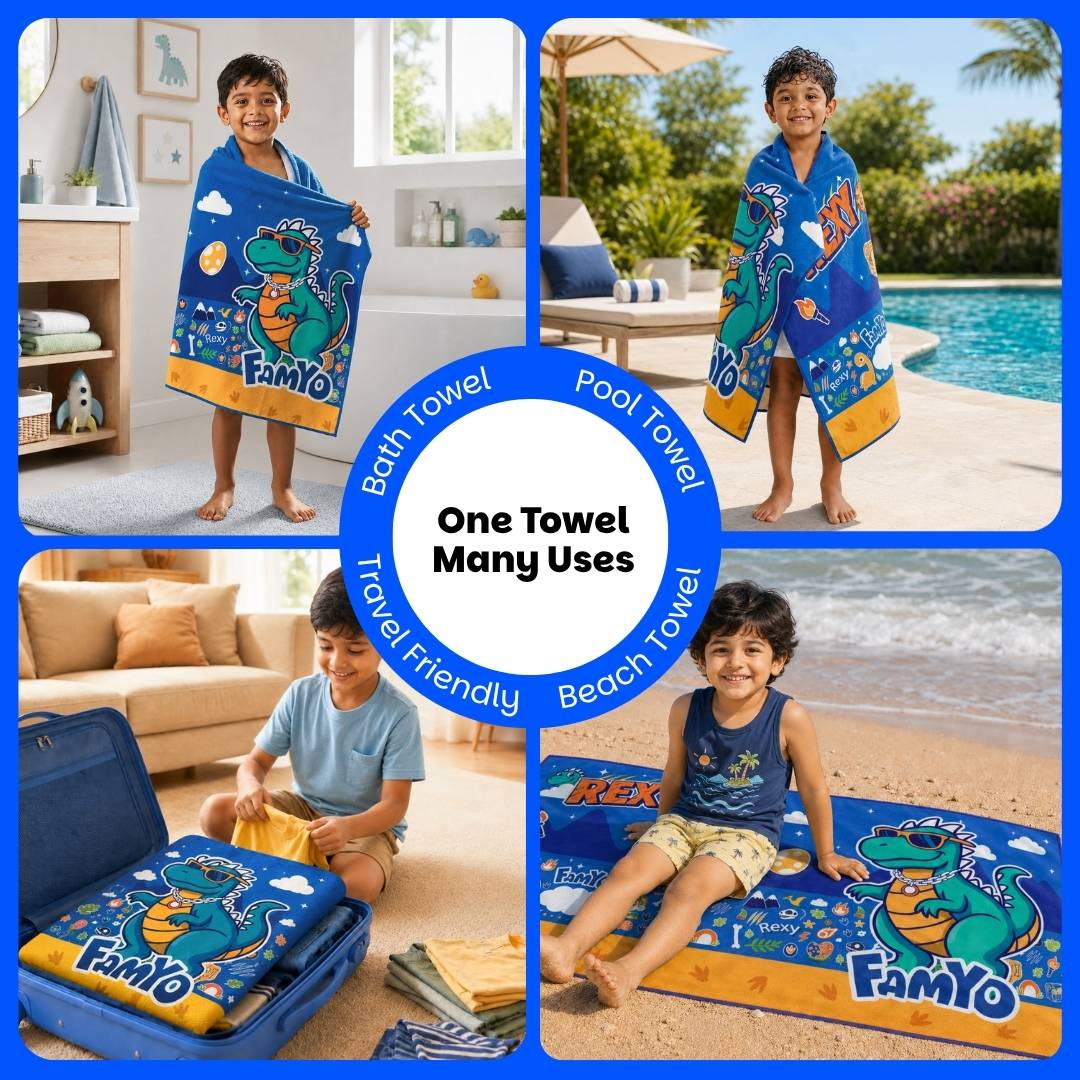 Famyo Rexy the Dinosaur Flat Towel for Kids made with premium microfiber fabric featuring quick dry technology, lightweight and travel friendly design, fade resistant print, soft and highly absorbent for bath, beach, swimming and everyday use.