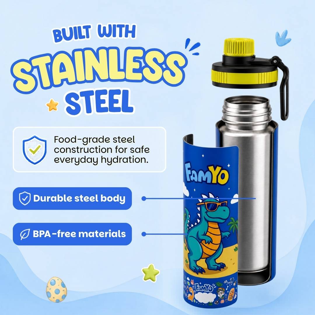 Famyo Rexy the Dinosaur water bottle for kids - 900 ml - school essential - stainless steel - durable - BPA Free materials