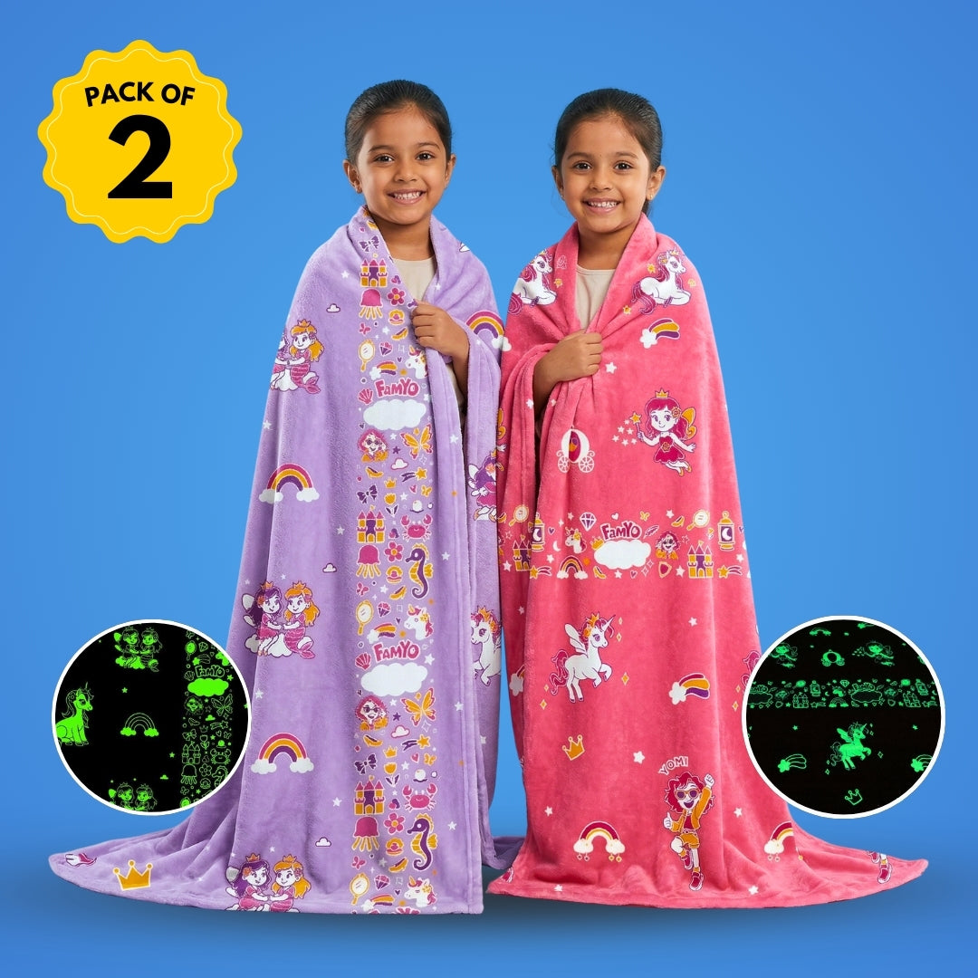 June the Unicorn & Mira Mermaid Glow Maxx Blanket, Set of 2 – Glow Maxx Series | Soft Flannel Queen Size AC Blankets, 200×152 cm
