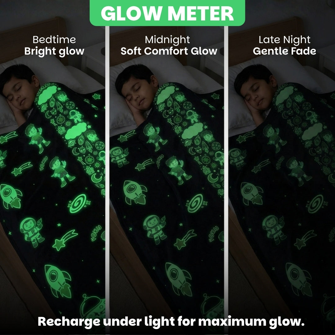 Famyo Leo Astronaut Glow in the dark blanket - all season blanket for kids - glow meter