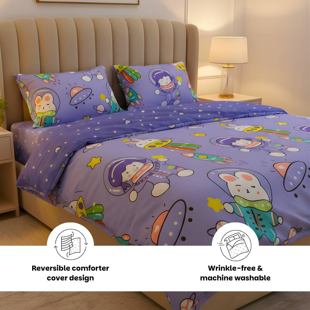 Purple Astronaut 250TC King Bed Sheet Set (Set of 4 or Set of 5)