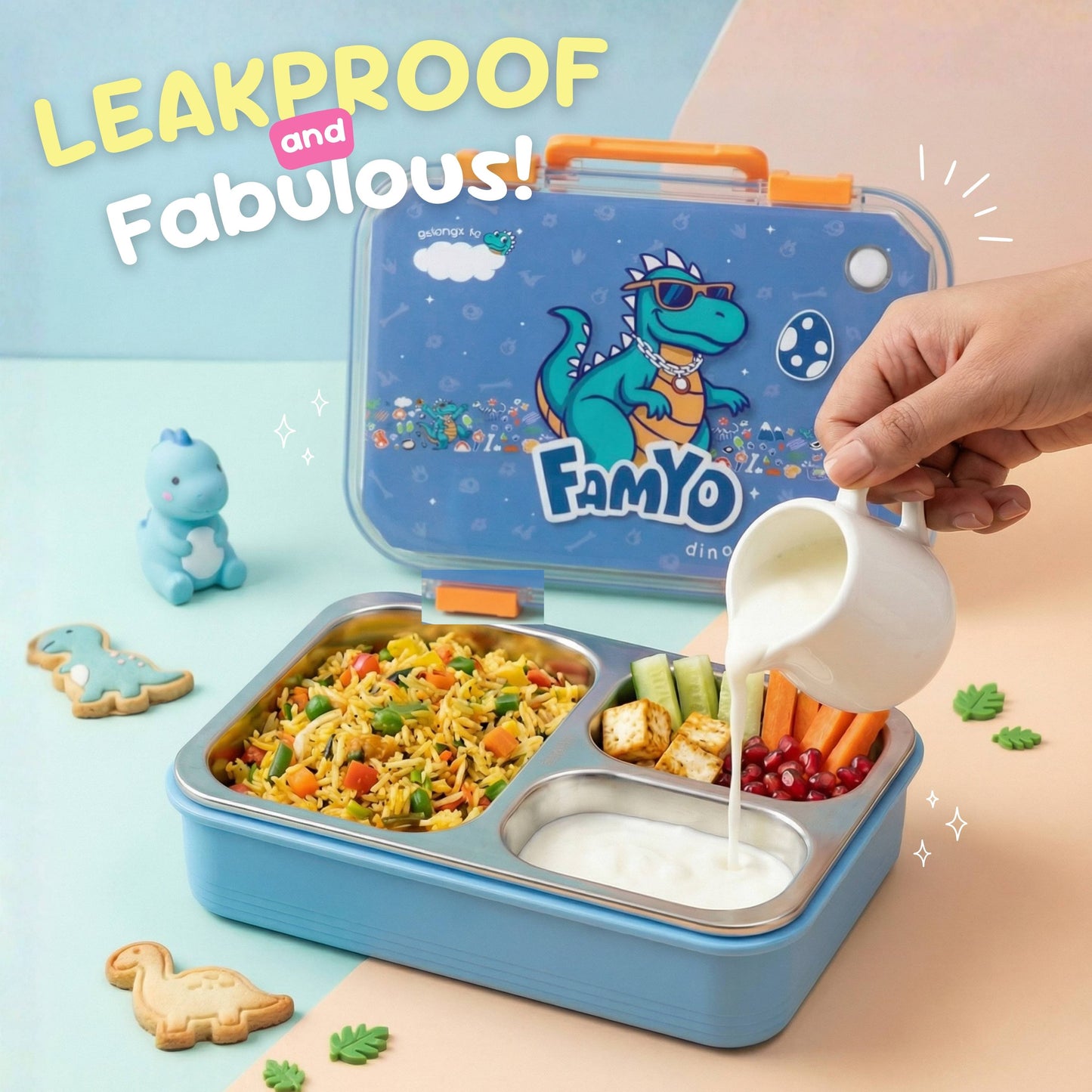 Rexy the Dino bento lunch box for kids featuring 3 stainless steel compartments, leakproof design, BPA-free outer body, child-friendly locking clips, organised meal storage, and perfect for school lunches, travel, daycare, and everyday use.