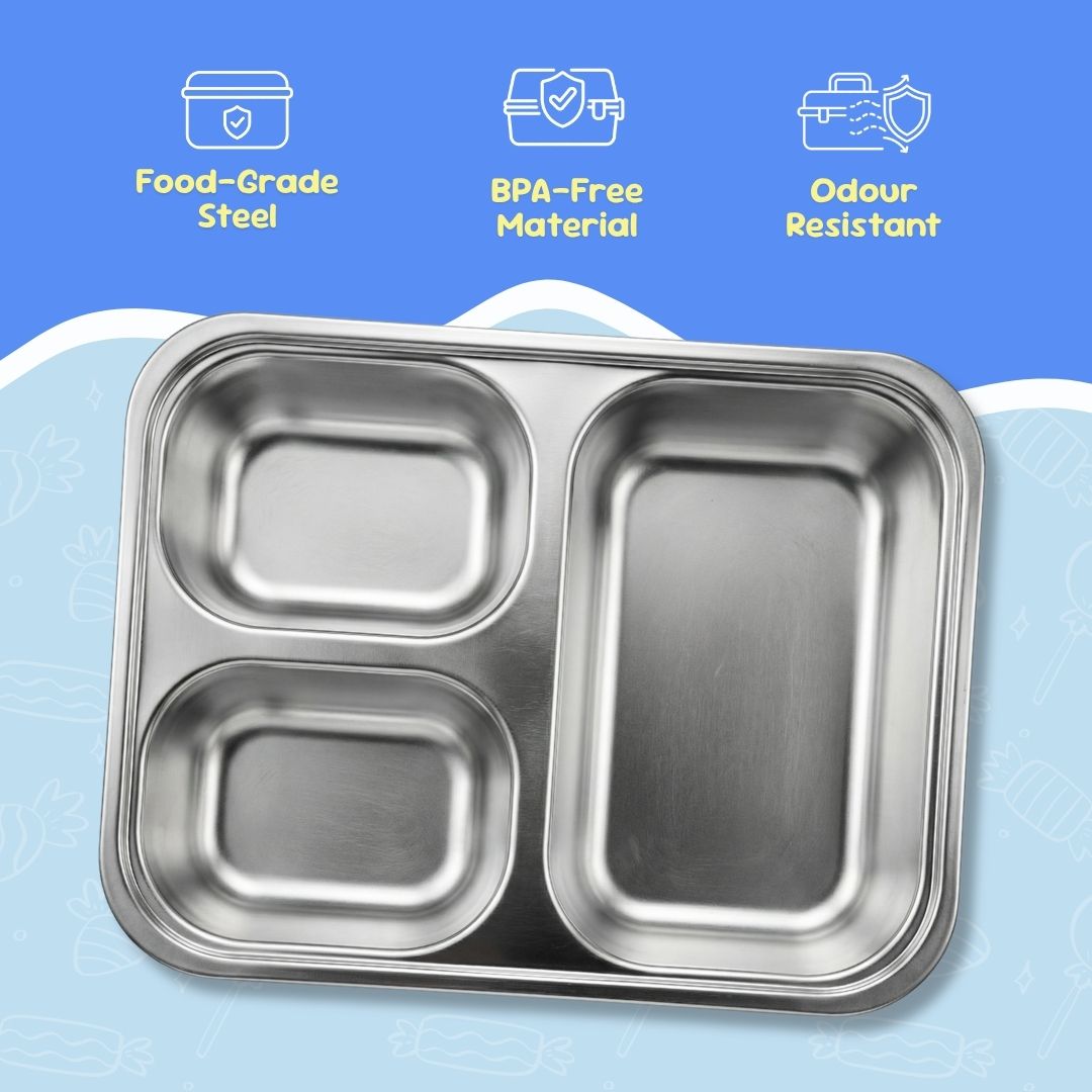 Rexy the Dino bento lunch box for kids featuring 3 stainless steel compartments, 680 ml leakproof design, BPA-free outer body, child-friendly locking clips, organised meal storage, and perfect for school lunches, travel, daycare, and everyday use.