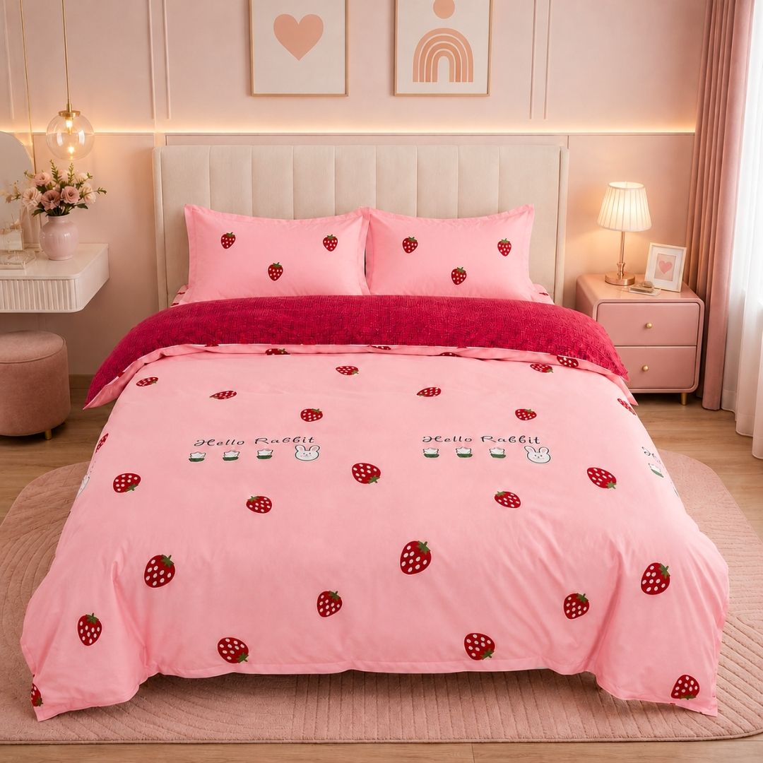 4pc Kids Bed Set – King Size Fitted Bedsheet , Comforter Cover & 2 Pillow Covers | Strawberry Pink Theme
