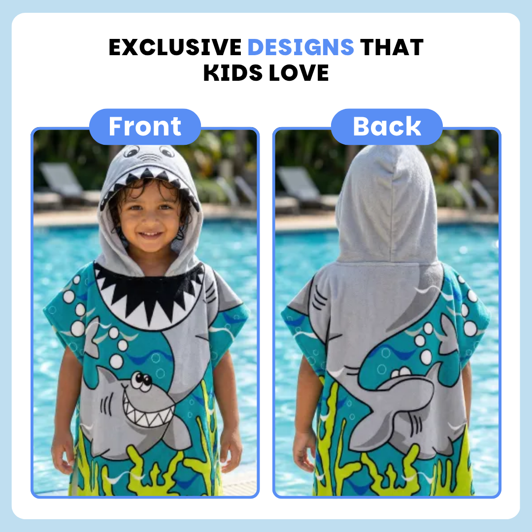 Cute Shark Hooded Poncho Towel for Kids | Quick-Dry, Highly Absorbent Microfiber Bath Towel