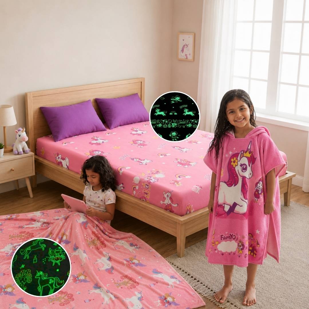 June & Fairy Unicorn Comfort Combo for Kids | Glow Bedsheet, Glow Blanket & Hooded Poncho Towel Set | Birthday Gift for Kids