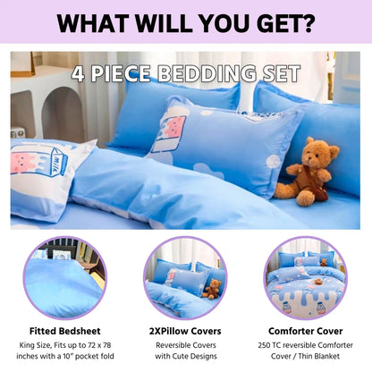 4 piece Bedding set has king size fitted bedsheet, 2X matching pillow covers and a 250 TC reversible comforter cover